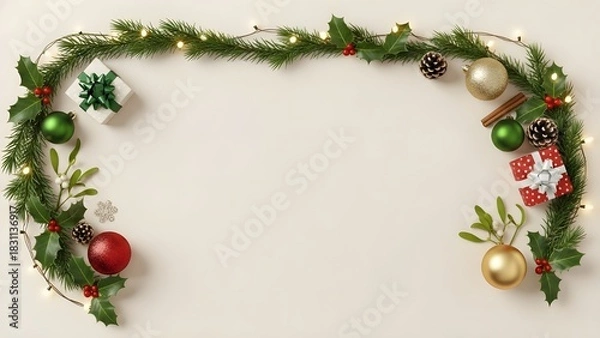 Obraz Christmas Border with Evergreen Branches, Ornaments, Holly Leaves, and Gift Boxes