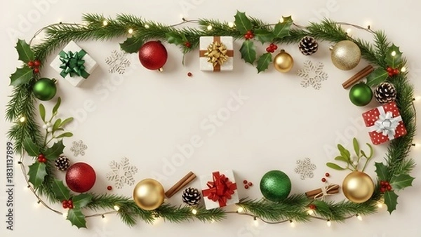 Obraz Christmas Border with Evergreen Branches, Ornaments, Cinnamon Sticks, and Gift Boxes