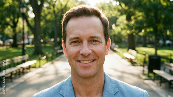 Fototapeta Man smiling in park discussing term life insurance options urban setting lifestyle focus natural light