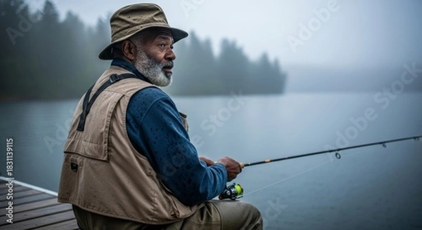 Fototapeta Side profile of a senior Black man with a beard and hat, wearing a fishing vest, holding a fishing rod while sitting on a wooden dock by a misty lake with blurred trees.