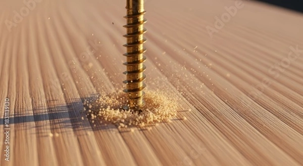 Fototapeta A golden screw is being driven into a light brown wooden surface, creating a shower of fine sawdust. Sunlight casts shadows on the textured wood grain.