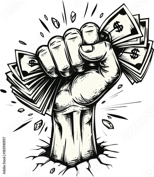 Obraz An engraving art style illustration powerful clenched fist bursting through the ground holding a large wad of cash, symbolizing financial strength and success