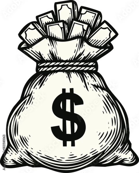 Obraz An engraving art style illustration hand drawn vintage style money bag with dollar sign symbol