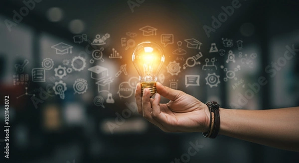 Fototapeta Brilliant idea ignites innovation and learning with glowing light bulb and education icons