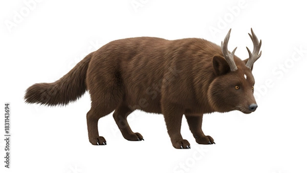 Obraz Fantastic creature with wolf body and deer antlers a mythical animal concept isolated on white background