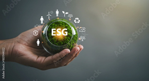 Fototapeta Sustainable business growth concept with ESG principles and green energy icons held in hand