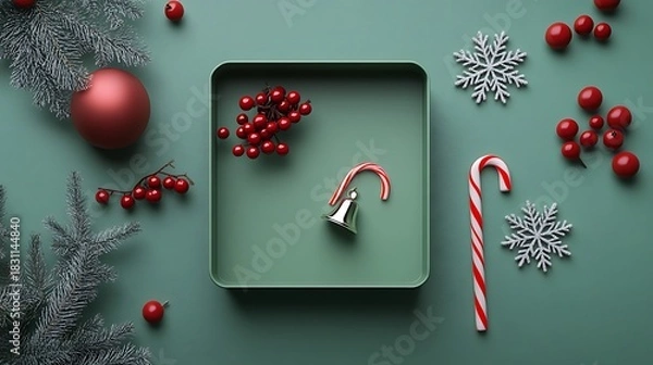 Obraz Top down view of green holiday box with red berries snowflakes candy cane and bell