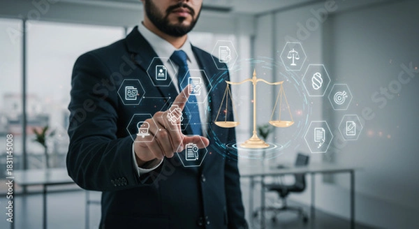 Fototapeta Professional in suit interacting with legal tech icons, scales of justice, and law concepts