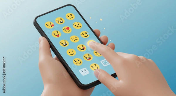 Fototapeta Human hand selecting emoji on smartphone screen, conveying emotion and digital communication