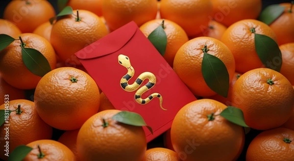 Fototapeta Celebrate Chinese New Year with abundant oranges and a lucky red envelope featuring a golden snake for prosperity and good fortune in the coming year