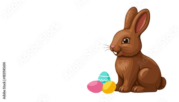Obraz Easter chocolate bunny sitting beside colorful eggs  isolated on a transparent background