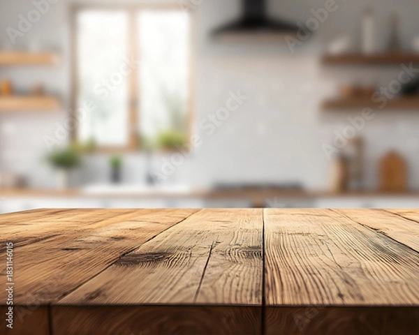 Fototapeta Rustic wooden table surface with a blurred kitchen background offers a versatile space for product placement and culinary photography projects on transparent background