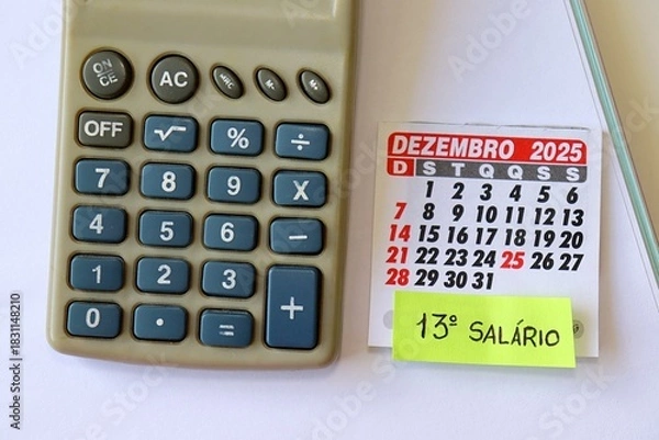 Obraz Brazilian 13th salary concept with "13º Salário" text, calendar and calculator. 13º salario Brasileiro. 