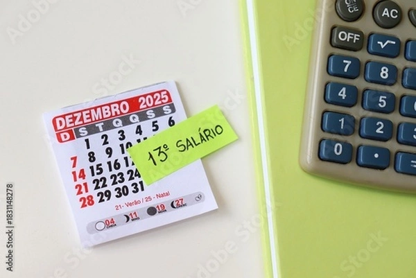 Obraz Brazilian 13th salary concept with "13º Salário" text, calendar and calculator. 13º salário Brasileiro. 