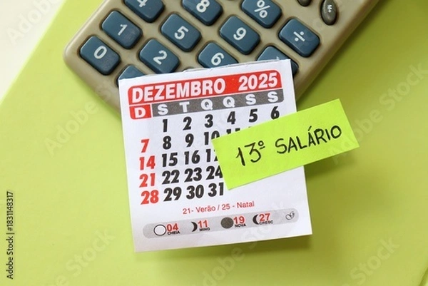 Obraz Brazilian 13th salary concept with "13º Salário" text,  calendar and calculator. 13º salário Brasileiro. 