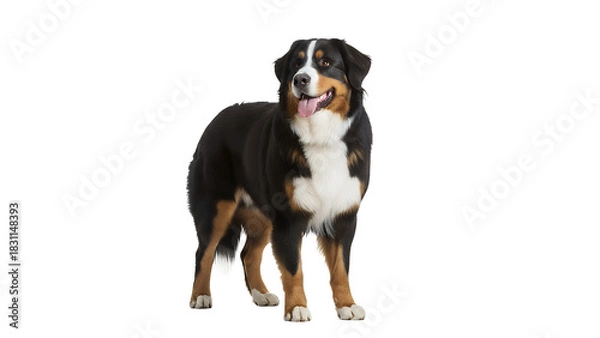 Obraz Bernese Mountain Dog standing a large breed with a friendly expression isolated on white background