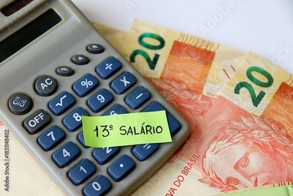 Obraz 13º salário Brasileiro concept. "13º Salário" text, BRL Real banknotes, and calculator. 