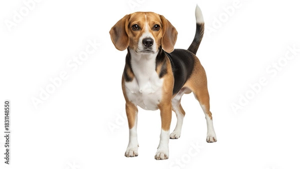 Obraz Alert beagle dog standing attentively a cute pet portrait isolated on white ideal for pet-related advertising