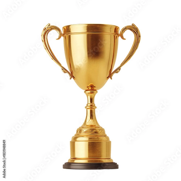 Obraz Shining golden trophy symbolizing victory and achievement, featuring intricate handles and a glossy finish resting on a base on transparent background