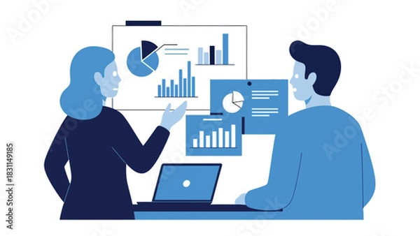 Obraz Two business people collaborate on data analysis illustration, showing a male and female presenting information on charts and graphs with a laptop at work