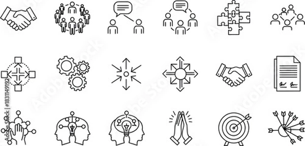Obraz Set of 18 outline icons representing business concepts including handshake, teamwork, communication, problem solving, collaboration, partnership