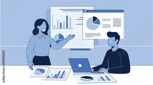 Obraz Two business individuals reviewing charts and data, with a woman presenting information and a man working on a laptop in a corporate environment
