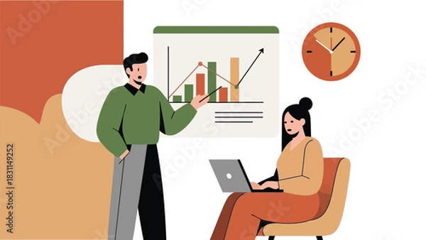 Obraz Business professional presenting bar chart with upward trend to colleague working on laptop in modern office, illustrating financial growth and market strategy development