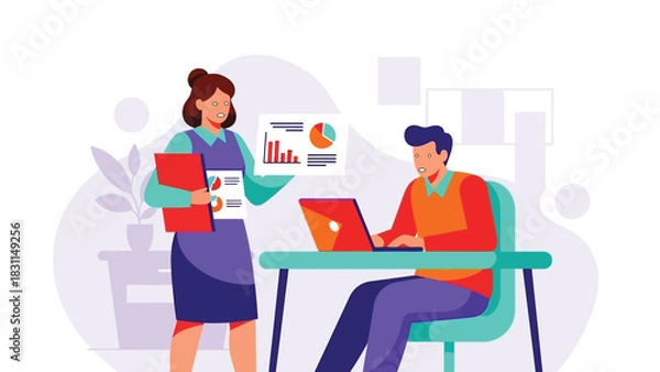 Obraz Female business analyst presenting data charts and reports to male colleague working on laptop, demonstrating financial performance and strategic planning in office environment