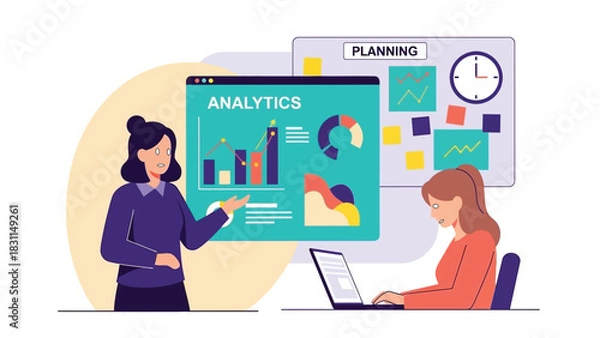 Obraz Businesswoman presenting analytics data and planning information on screen to colleague using laptop, demonstrating effective strategy for corporate success and project management