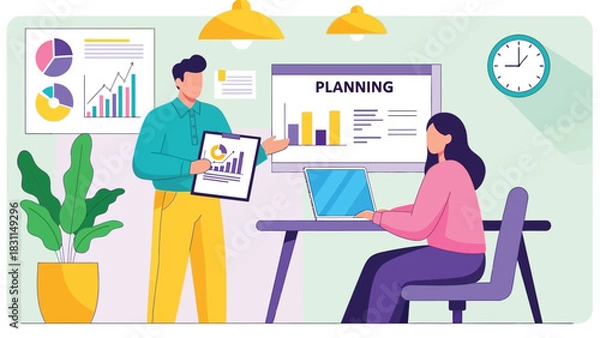 Obraz Two business colleagues planning strategy and analyzing charts on presentation board in modern office, financial graphs and data analysis during business meeting