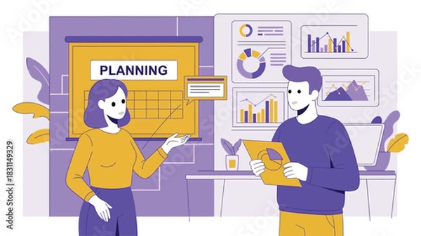 Obraz Female and male business professionals discussing strategic planning and analyzing graphs on a screen in a contemporary office setting with vibrant colors