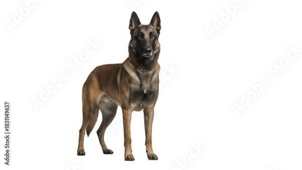 Obraz Alert Belgian Malinois dog standing full body shot isolated on white showcasing its muscular build and attentive gaze