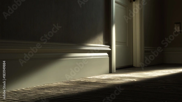 Fototapeta Beam of light and striped texture evoke clarity, ritual, and editorial depth in spatial storytelling. Shadows and trim detail highlight warmth, contrast, and architectural rhythm.