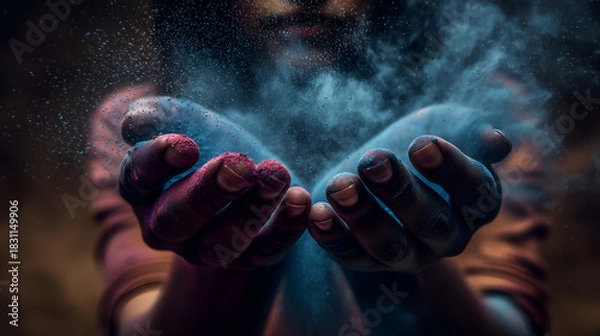 Fototapeta Cupped hands release vibrant powder in motion against dark backdrop. Ideal for editorial, cultural, artistic, or symbolic photography themes.