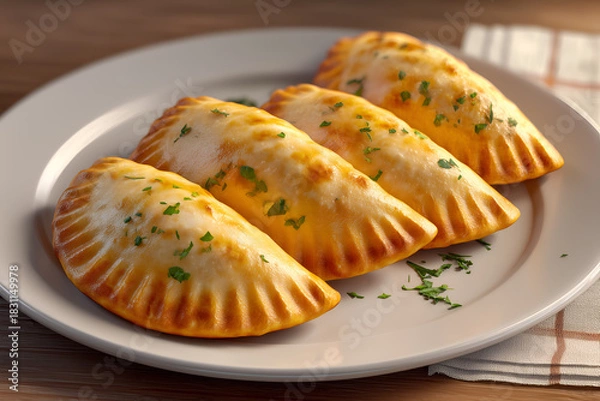 Obraz Four golden-brown baked empanadas on a plate with crimped edges, parsley garnish and glossy egg-wash finish on a wooden surface.