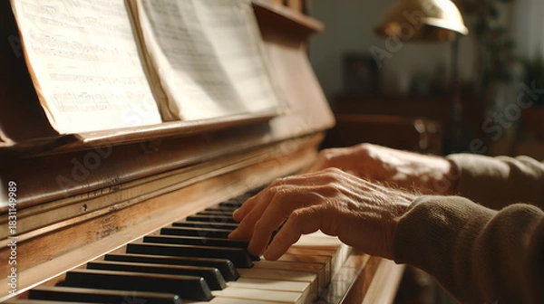 Obraz Close-up of hands playing piano in cozy room with sheet music and soft lamp light. Brown sweater and warm tones evoke intimacy, focus, and musical expression.
