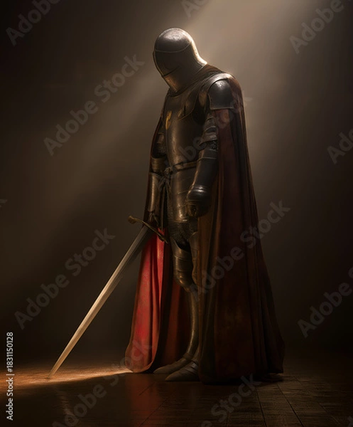 Fototapeta Knight in full metal armor with sword and red cape, standing in moody spotlight. Ideal for editorial, historical, cinematic, or conceptual photography themes.