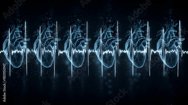 Obraz Stylized glowing hearts with ECG waveform in blue wireframe style. Ideal for editorial, medical, scientific, bioengineering, or conceptual storytelling photography themes.