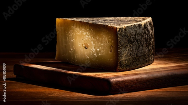 Fototapeta Golden-hued aged cheese with firm, hole-speckled interior and dark rind on rustic board. Ideal for editorial, culinary, artisanal, or gourmet food photography themes.