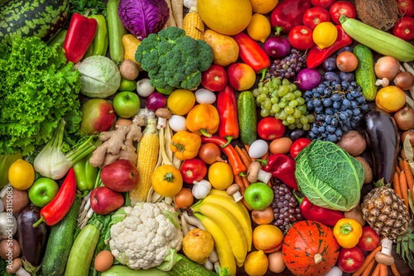 Obraz Vegetables and fruits large overhead assorted mix group on colorful background in studio