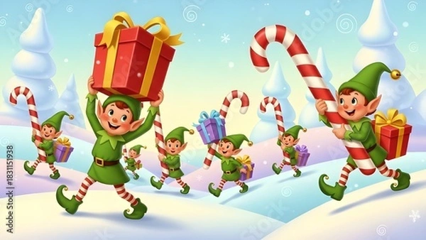 Obraz Cheerful Christmas Elves Carrying Gifts in Snowy Landscape