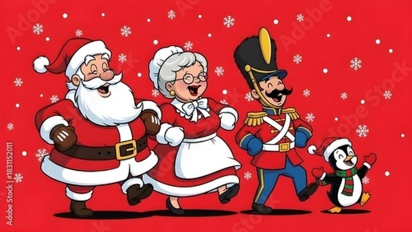 Obraz Marching Christmas Characters on Red with Snowflakes