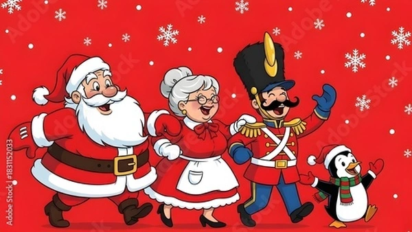 Obraz Marching Christmas Characters on Red with Snowflakes
