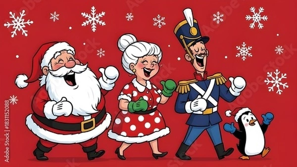 Obraz Marching Christmas Characters on Red with Snowflakes