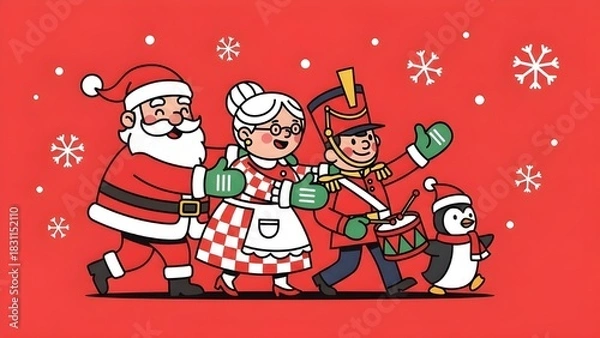 Obraz Marching Christmas Characters on Red with Snowflakes
