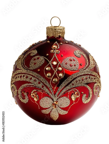Obraz A beautifully ornate red Christmas ornament adorned with intricate gold designs and sparkling gems, perfect for holiday decoration on transparent background