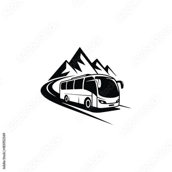 Fototapeta a sleek tour bus travels along a winding road with towering mountains in the background silhouette