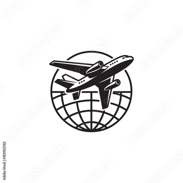 Fototapeta a black and white emblem depicting an airplane flying around a globe inside a circular frame silhouette
