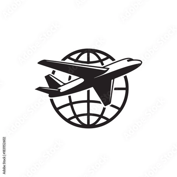 Fototapeta a sleek airplane flying in front of a global world map design representing international travel silhouette