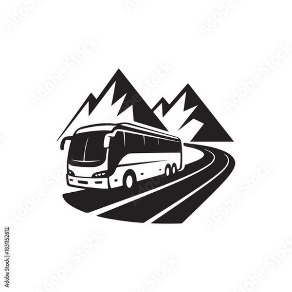 Fototapeta a stylish graphic illustration of a tour bus traveling a winding road near jagged mountains silhouette